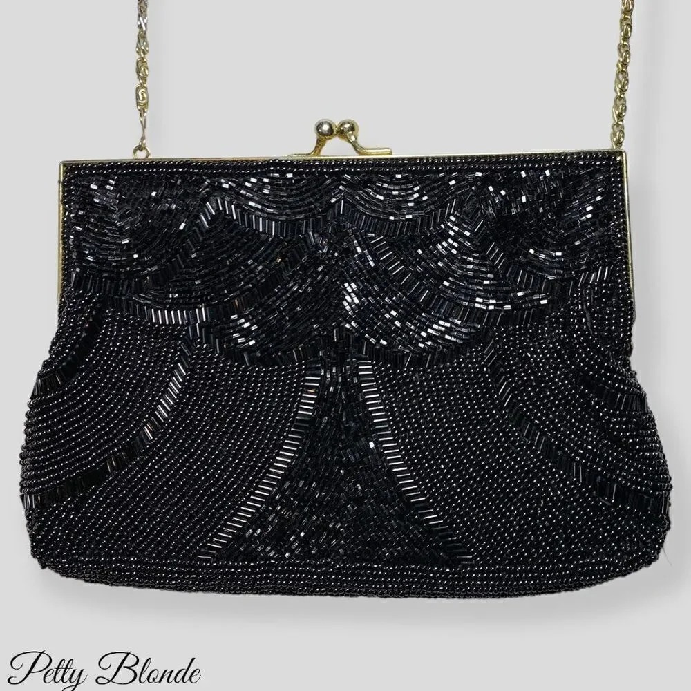 Elegant Black Beaded Clutch: Stunning Beadwork,‎ Dainty Strap, & Bronze Hardware